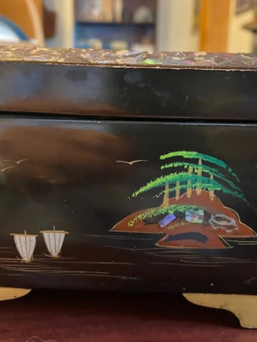 Vintage black music jewelry box with mother of pearl pagoda scene - Asian music